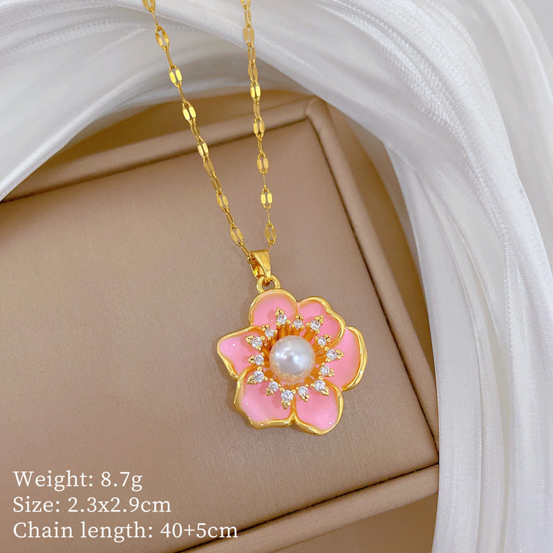 Sweet Luxury Pink Drip Oil Floral Rhinestone Titanium Steel Necklace for Unisex