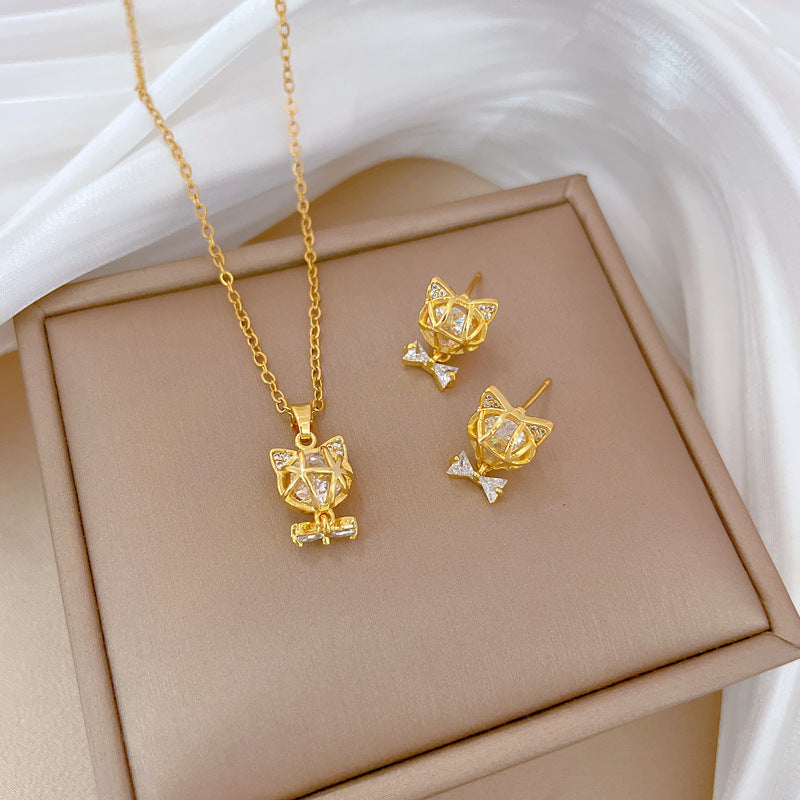 Sweet Elegant Geometric Rhinestone Plated Titanium Steel Necklace and Earring Set for Women