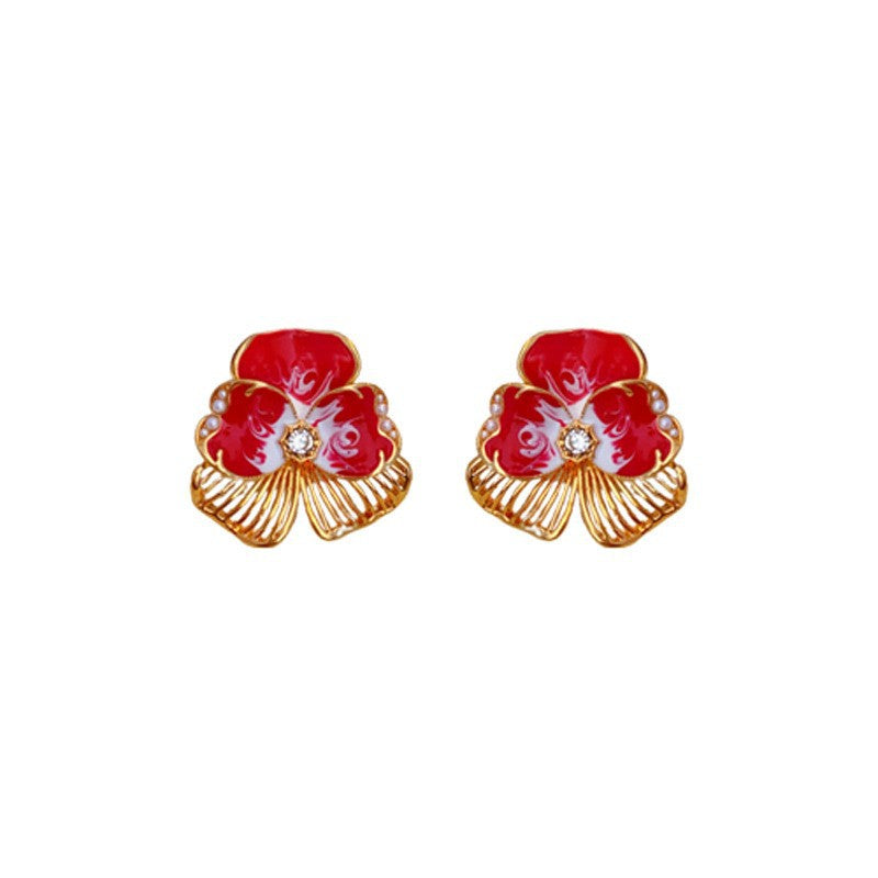 Pendientes de perlas florales vintage con incrustaciones de diamantes de imitación en acero de titanio y postes de plata 925, diseño de esmalte goteado en forma de lágrima para mujer
