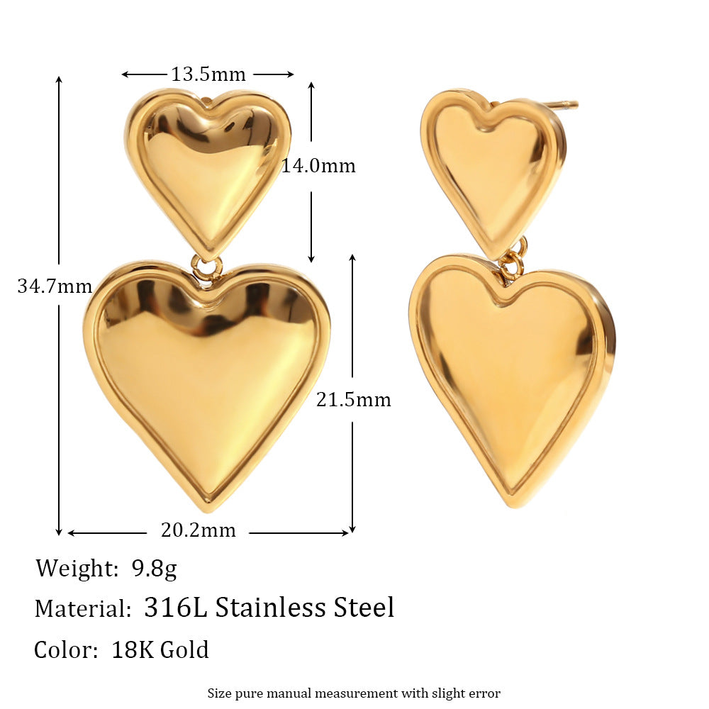 Aretes de acero inoxidable con forma de corazón de dos niveles, chapados en oro de 18 quilates, a la moda para mujer