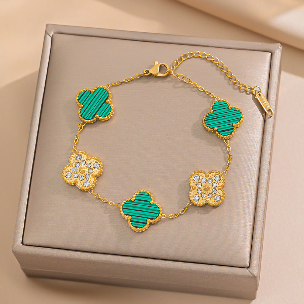 Bracciale Donna Lusso Stile Quadrifoglio in Acciaio al Titanio con Strass e Intarsio in Concha