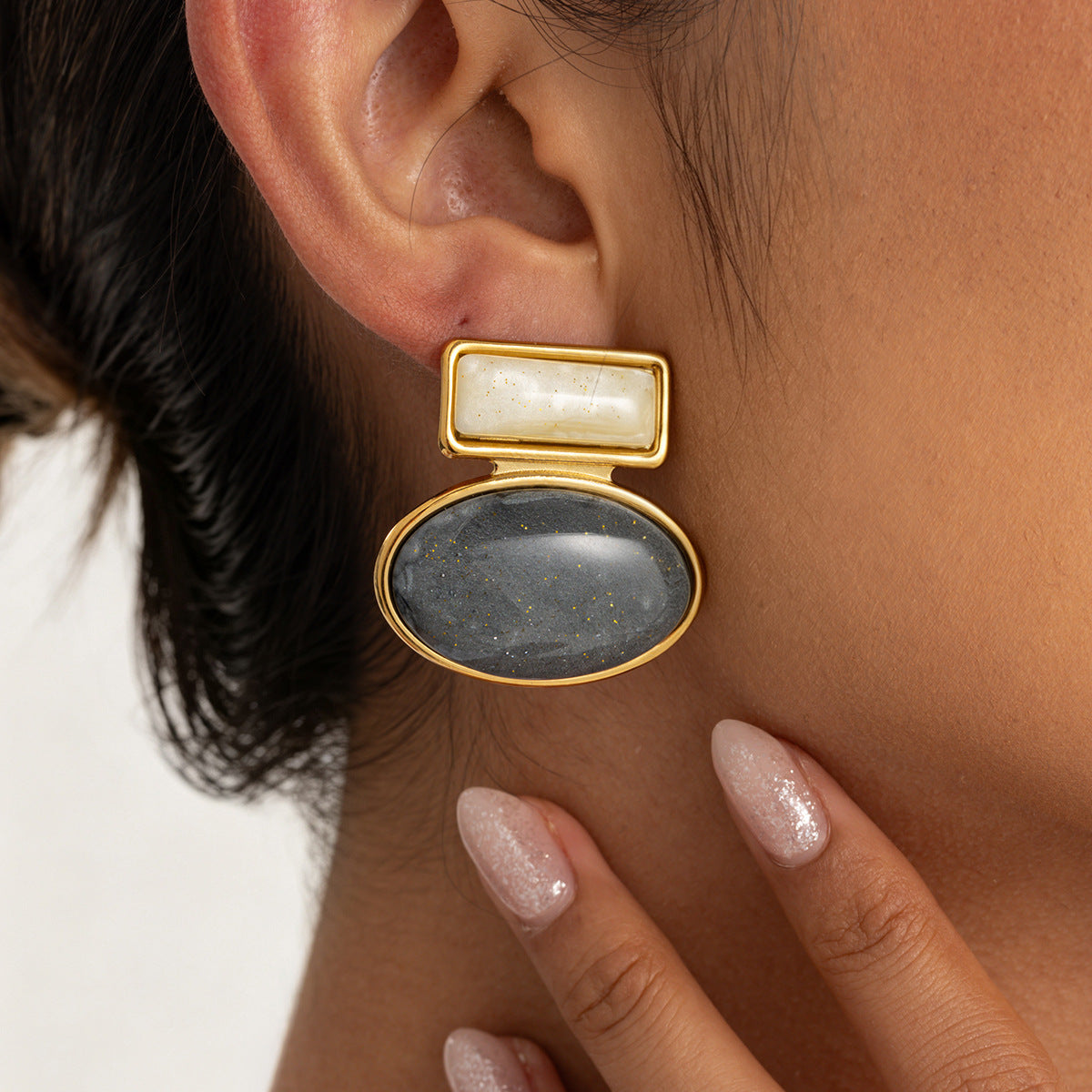 Vintage Geometric Oval Square 18K Gold Plated Stainless Steel Resin Gemstone Earrings for Women