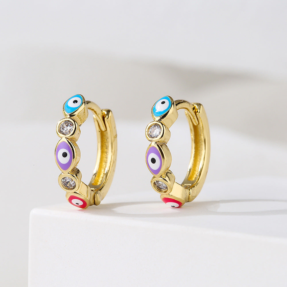 Orecchini a Cerchio Geometrici Minimalisti in Rame con Placcatura in Oro 18K e Design a Occhio di Allah in Zirconia Smaltata per Donna