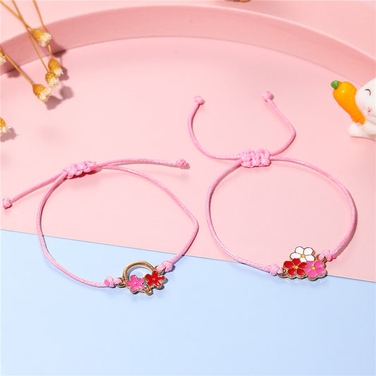 Floral Pattern Children's Braided Rope Bracelet with Enamel Finish in Alloy Metal