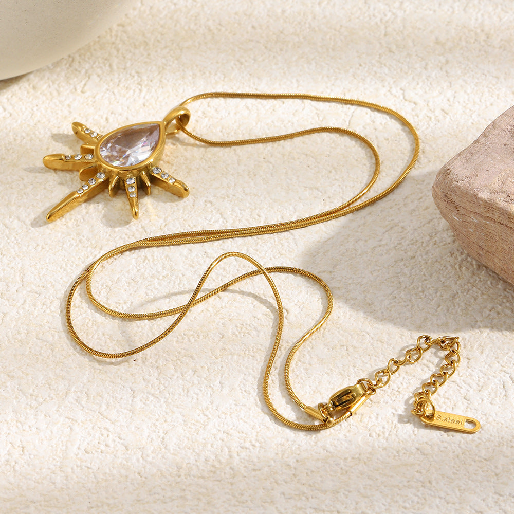 Luxury Elegant 18K Gold Plated Teardrop Star Stainless Steel Necklace with Cubic Zirconia for Women
