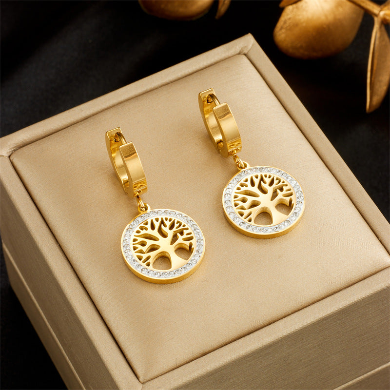 Pendientes Minimalistas Redondos Geométricos Árbol de la Vida Vintage de Acero de Titanio con Incrustaciones de Diamantes de Imitación para Mujer