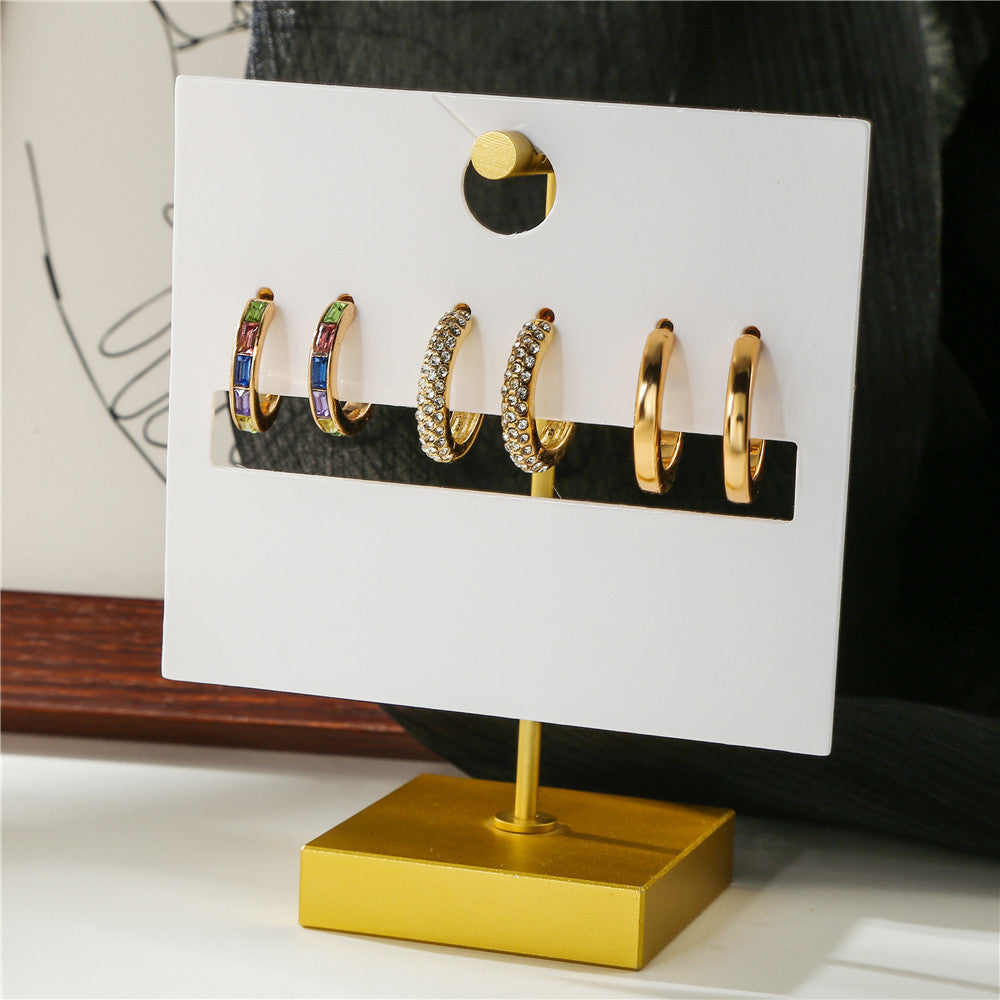 Minimalist Geometric Alloy Earrings with Micro-Inlaid Cubic Zirconia and Plated Finish