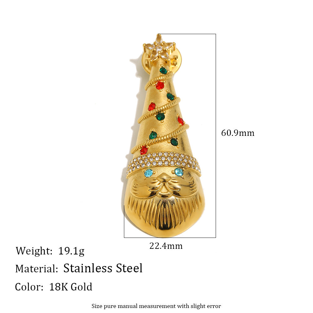 Luxury Minimalist Geometric Christmas Hat Brooch Stainless Steel 18K Gold Plated Colorful Rhinestone Fashion Pin for Women