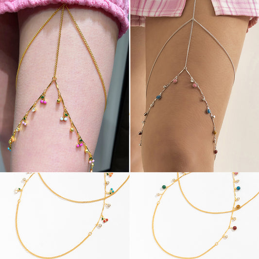 Tobillera minimalista de aleación con forma de fruta, cadena elástica de doble capa y colgante de borla de cereza
