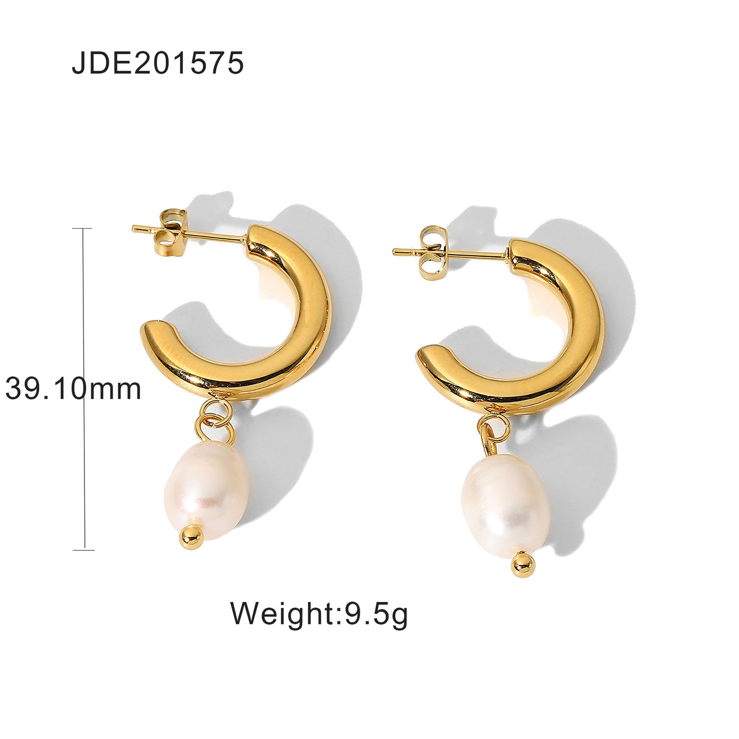 Fashionable Geometric 18K Gold Plated Stainless Steel Pearl Hoop Earrings for Women