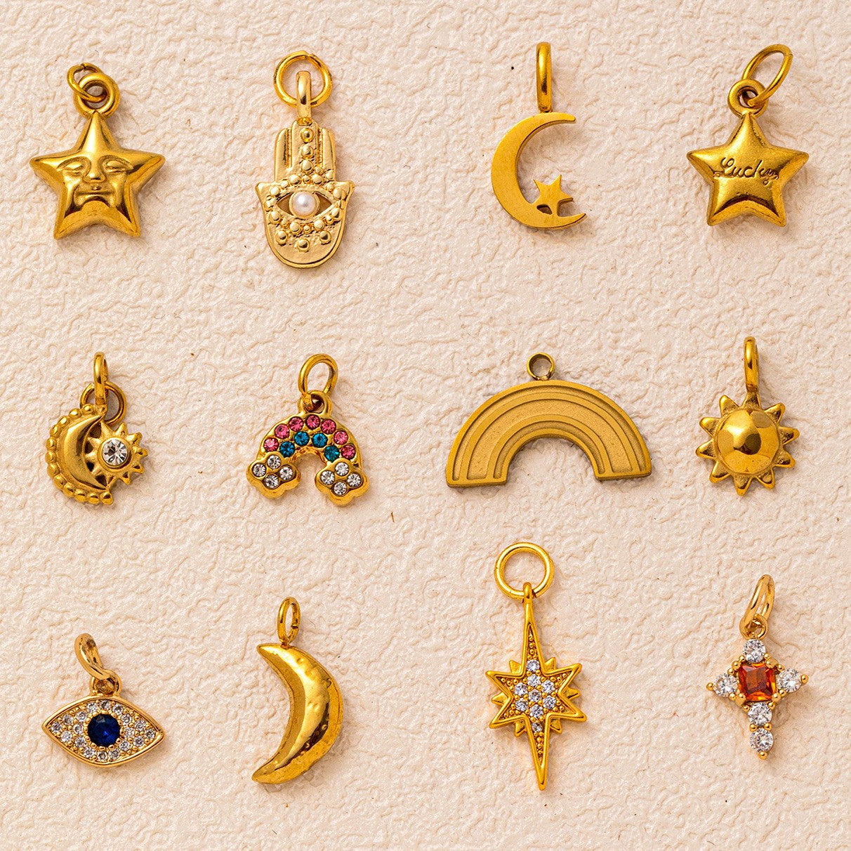 Vintage 18K Gold Plated Stainless Steel Star Eye Charm Bar