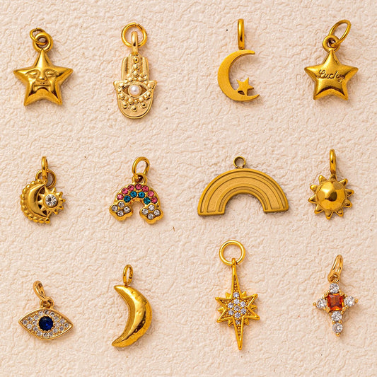 Vintage 18K Gold Plated Stainless Steel Star Eye Charm Bar