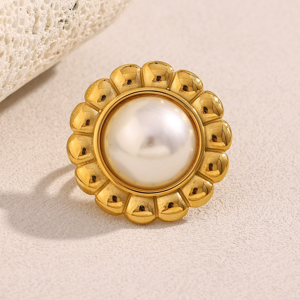 Vintage Luxury Flower-Shaped Stainless Steel Plated 18K Gold Open Ring with Pearl-Like Accents for Women