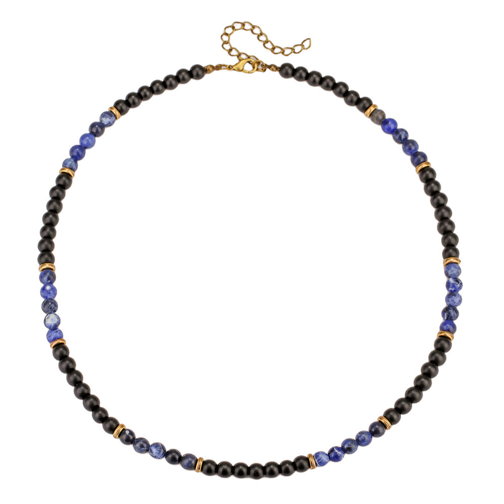 Bohemian Black Agate Volcanic Stone Blue Dot Beaded Necklace Multi-layer Ball Chain Unisex