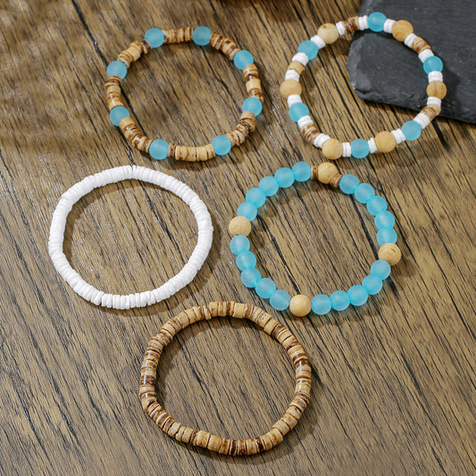 Bohemian Round Wood and Shell Beaded Bracelet