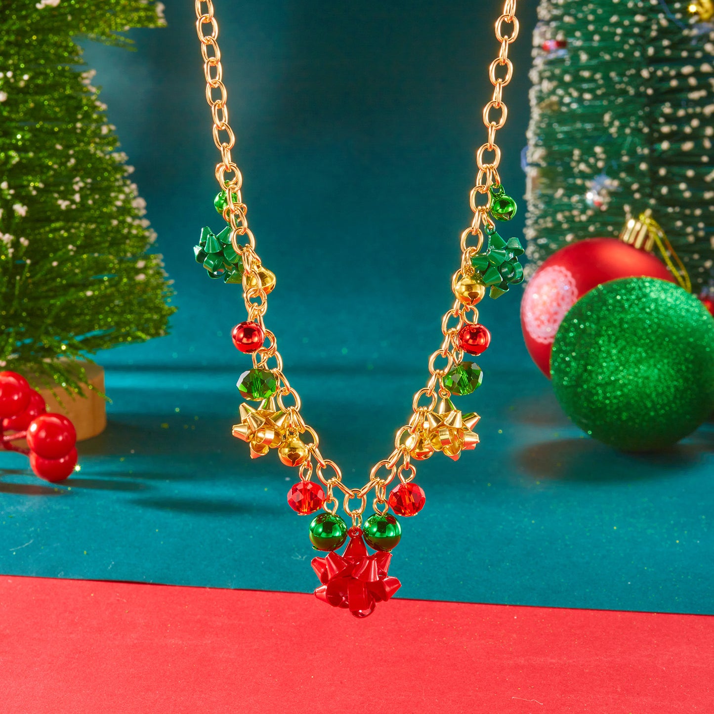 Christmas-Themed Pendant Necklace with Bell and Reindeer Charms, Zinc Alloy, Electroplated, Unisex Holiday Choker
