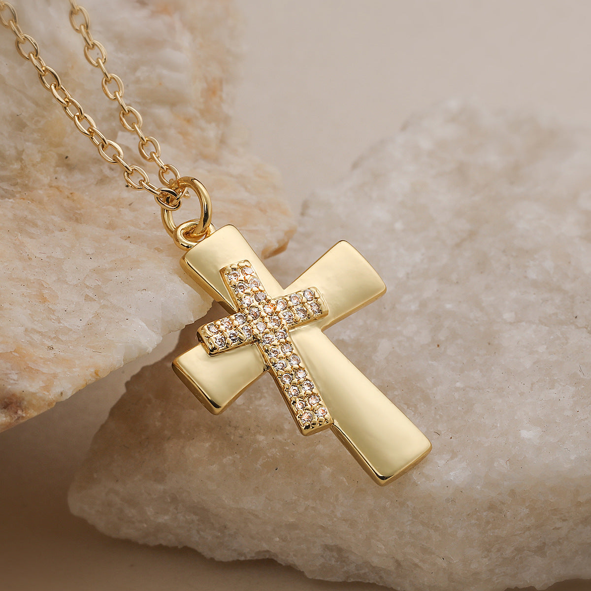 Minimalist Gold Plated Brass Cross Pendant Necklace with Cubic Zirconia for Women