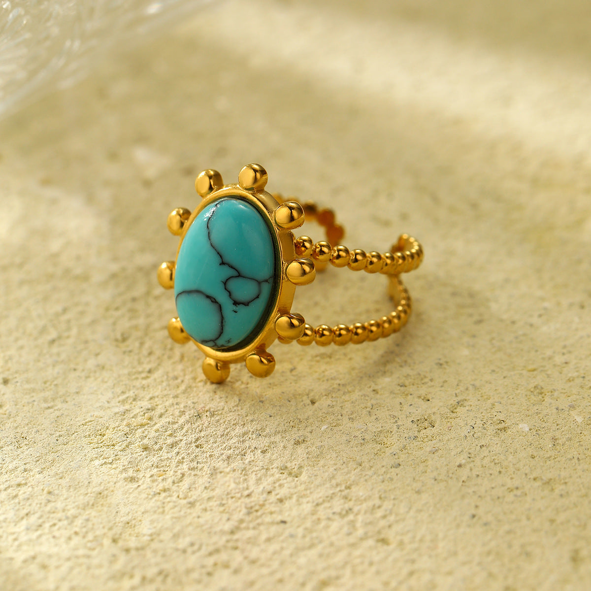 Anello ovale in stile francese vintage in acciaio inossidabile turchese con finitura placcata per donna