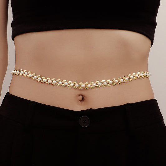 Sweet Punk Pearl Inlay Metal Body Chain for Women