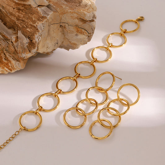 Set de pulsera y aretes de aro de acero inoxidable geométricos minimalistas con acabado enchapado para mujer