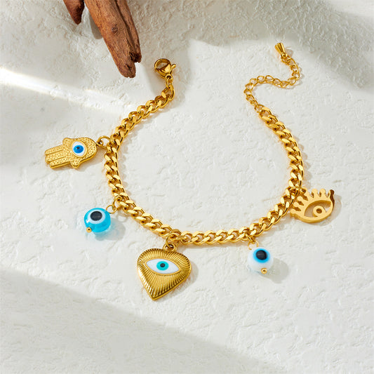 Cartoon Drip Oil Heart Evil Eye Pendant Stainless Steel Bracelet for Women