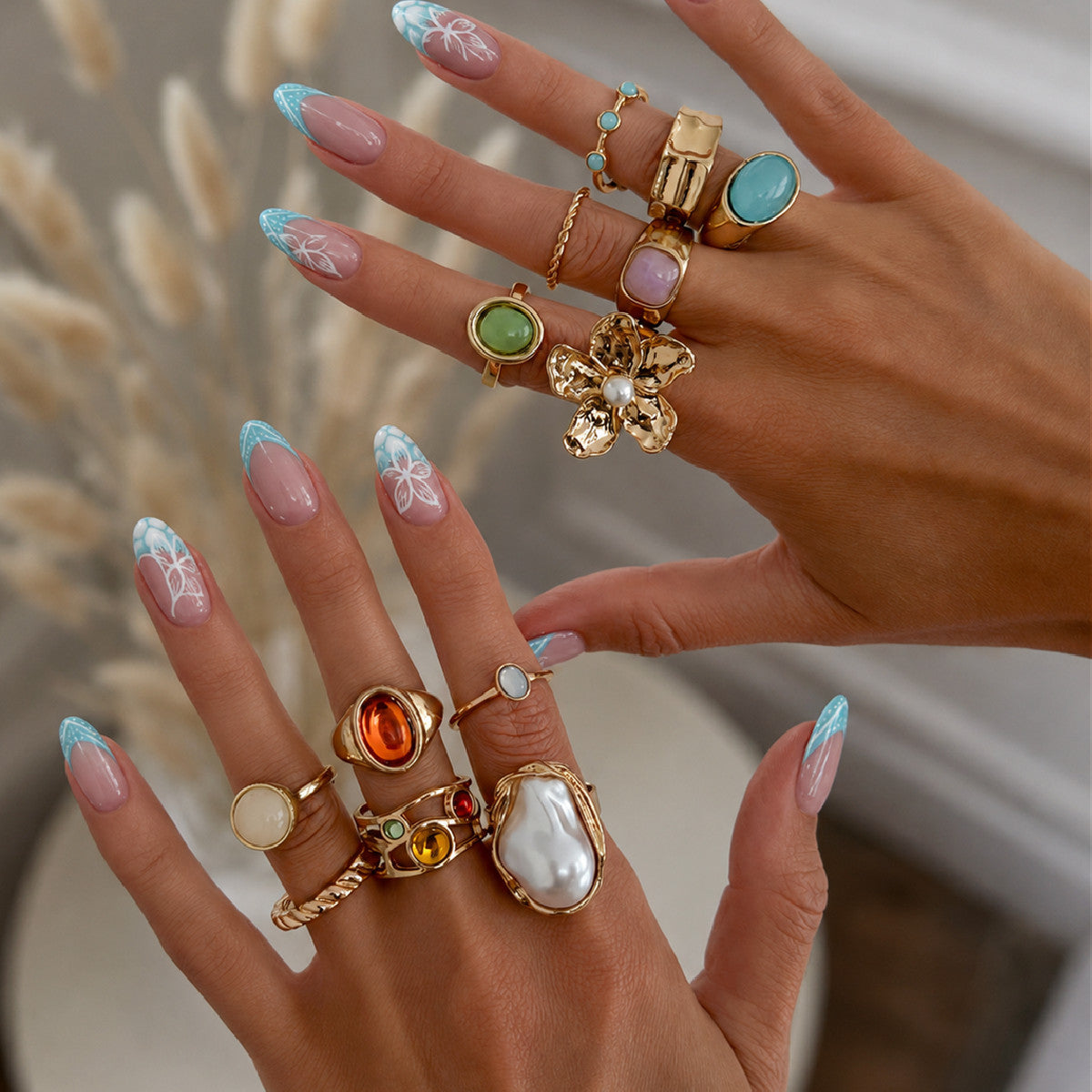 Sweet Geometric Floral Resin Ring with Faux Pearl Inlay Plated Finish for Women