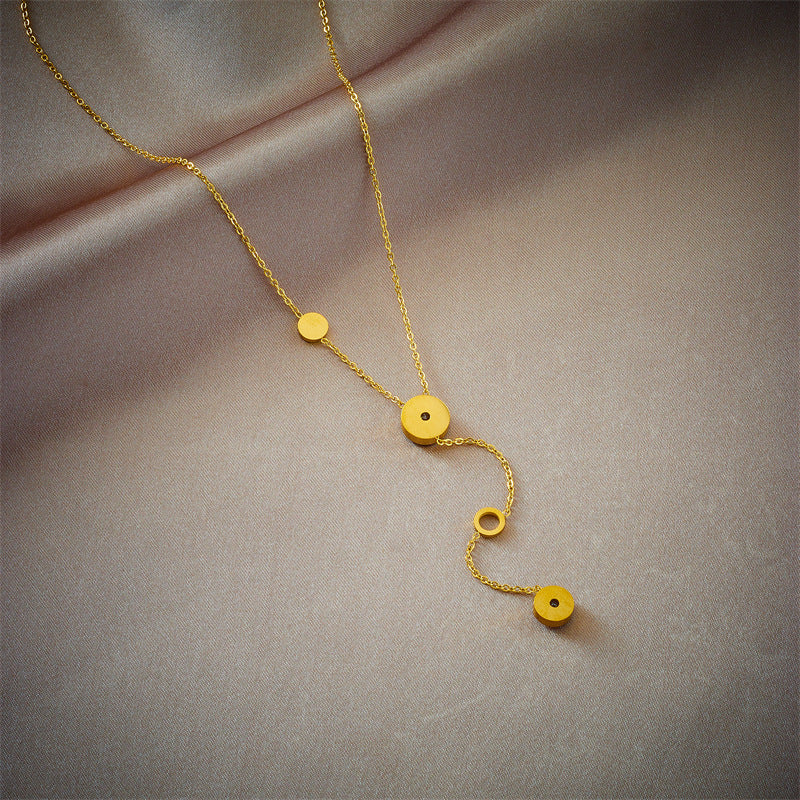 Collana a Pendente Lunga Minimalista con Nappina, Design Geometrico Circolare con Strass, in Acciaio al Titanio Placcato, da Donna
