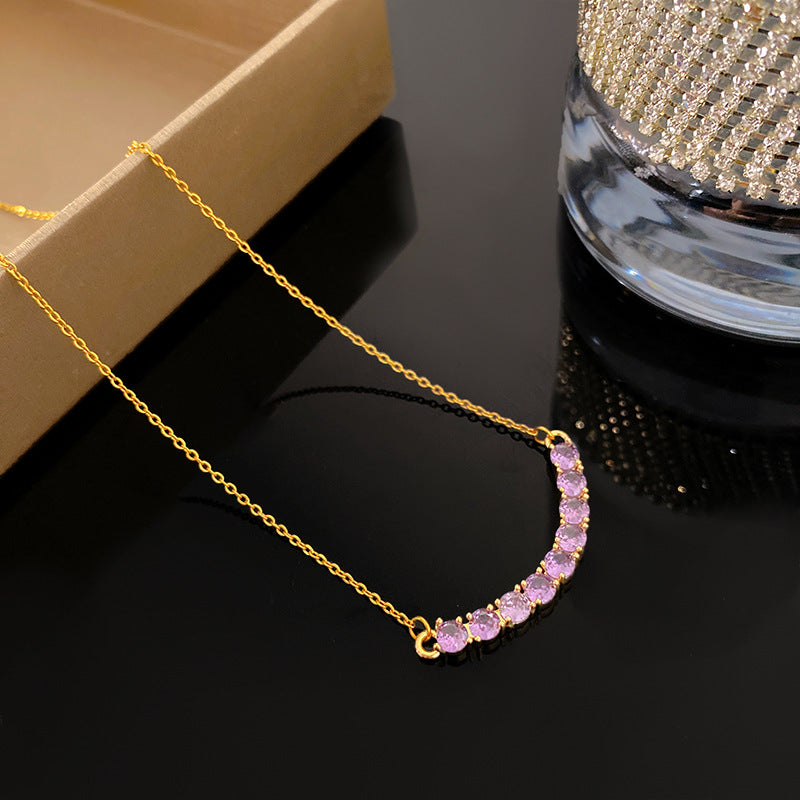 Minimalist Titanium Steel Plated Cubic Zirconia Inlay Geometric Smile Necklace for Unisex