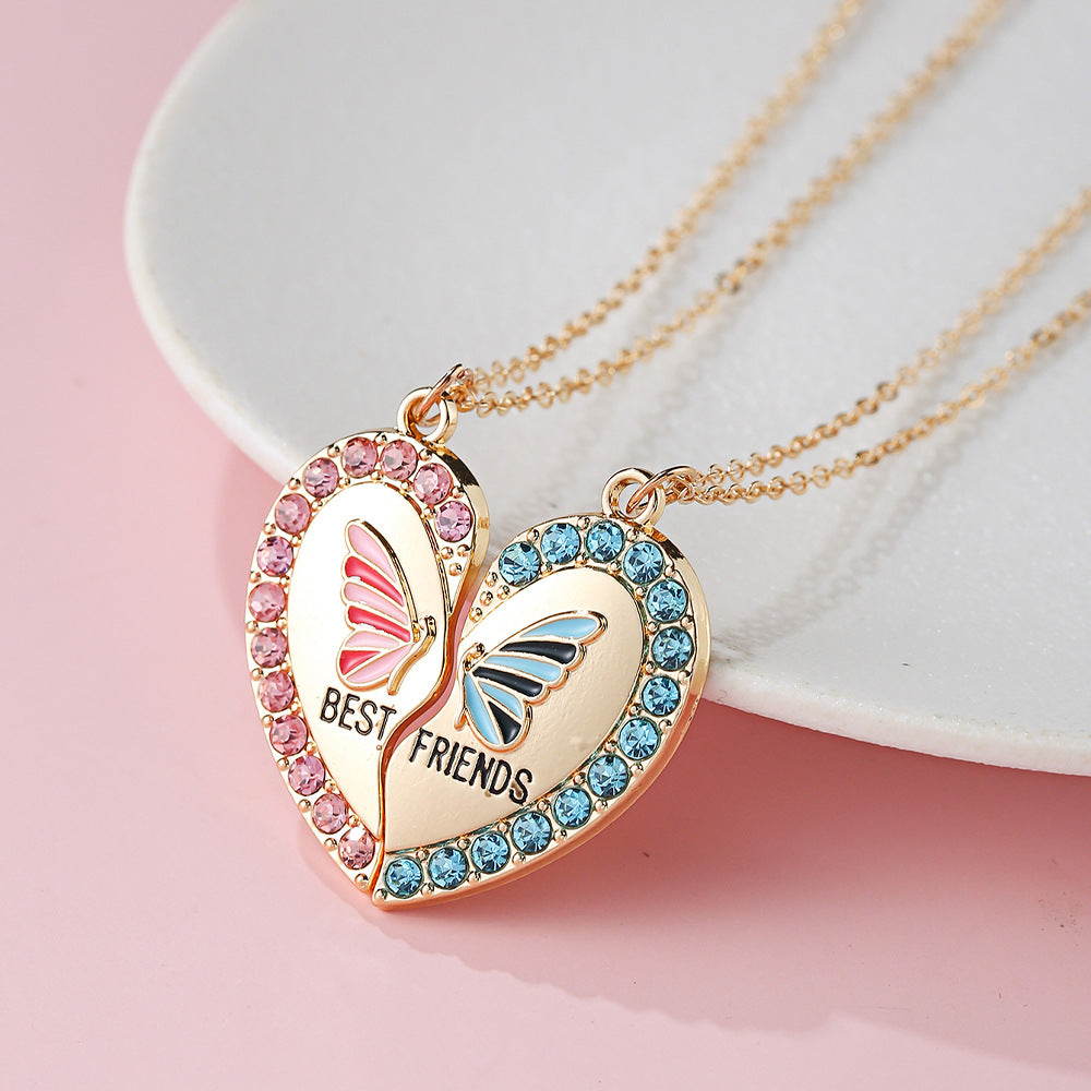 Graziosa collana a forma di cuore in lega con intarsio di strass per bambini e amici, semplice design a catena incrociata che non si ossida
