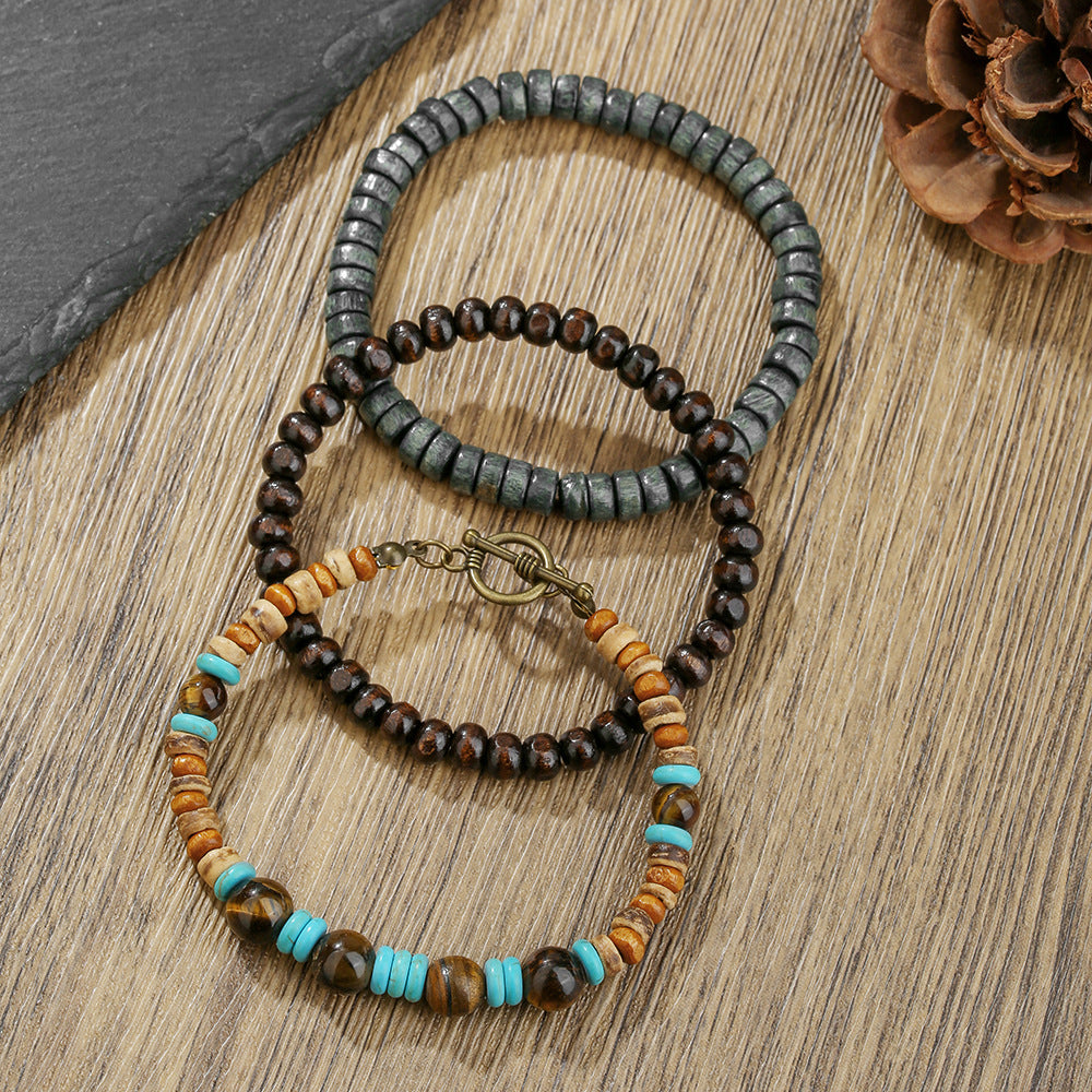Vintage Round Wood Beaded Bracelet with Turquoise Inlay Unisex Multi-Layer Set