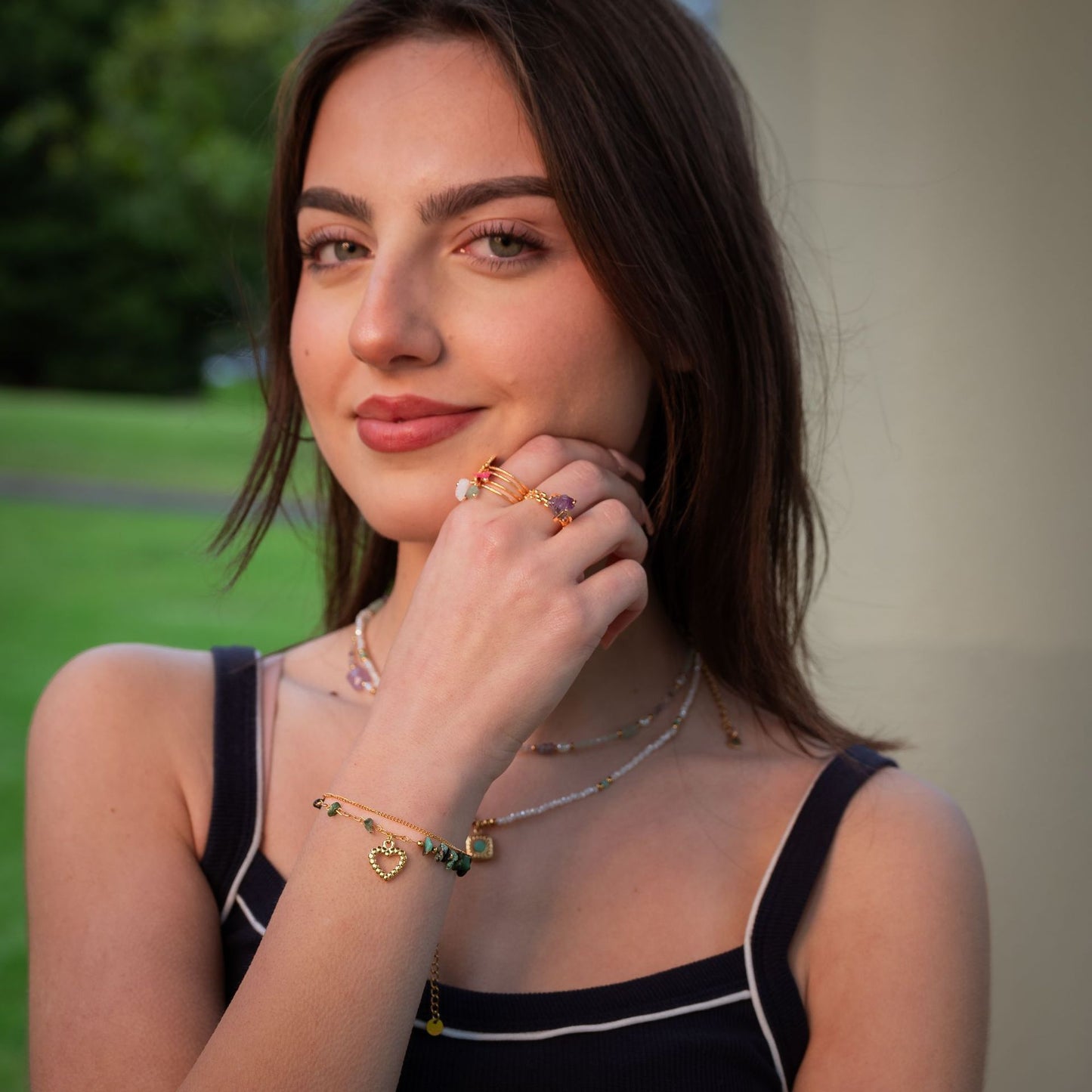 Minimalist Heart-Shaped Stainless Steel Bracelet with 18K Gold Plating and Natural Stone Beads