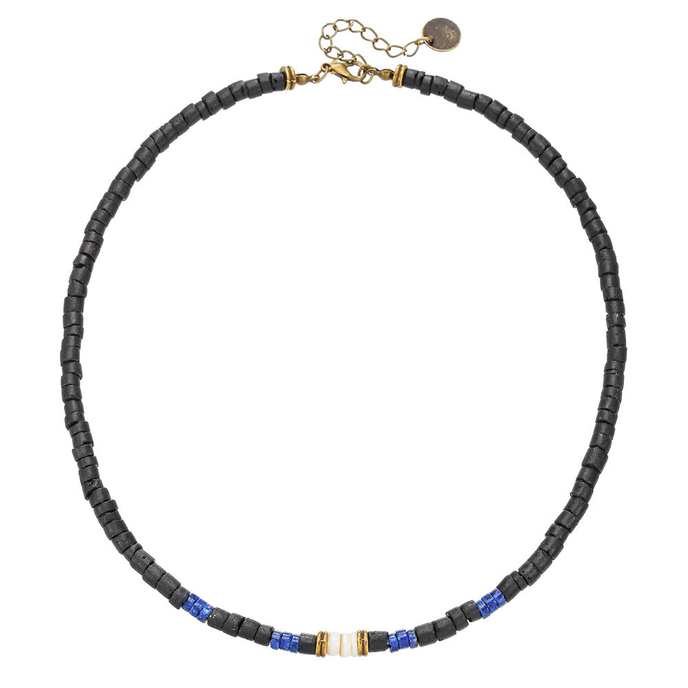 Bohemian Vintage Punk Hip-hop Geometric Handmade Wood Lapis Lazuli Beaded Necklace with Shell Pendant for Unisex