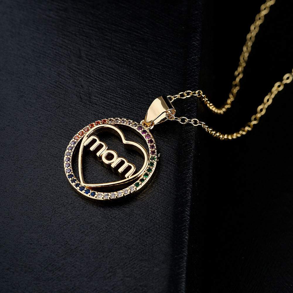 Geometric MOM Pendant Necklace in Copper with Micro-Pave Zirconia and 18K Gold Plating for Women