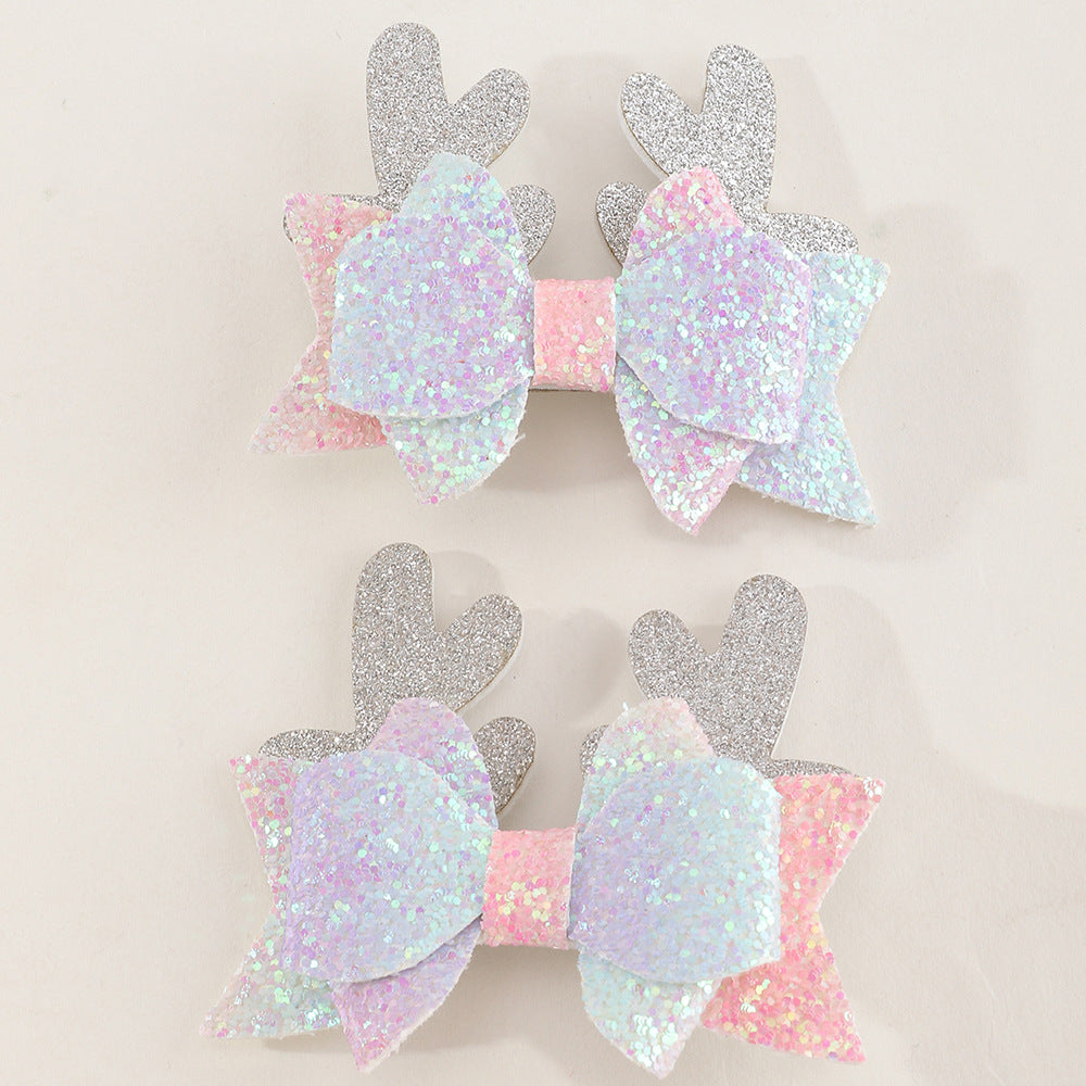 Handmade Bowknot Hair Clip Set for Girls with Deer Ear Design, Sparkling Sequins Accent, Fabric Material, Christmas and Fall Winter Collection