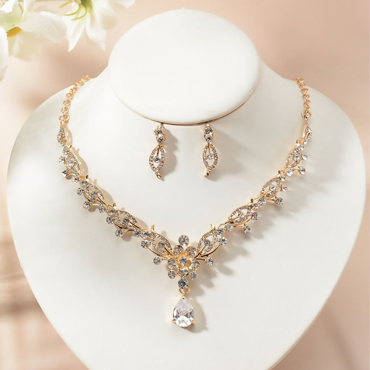 Elegante conjunto de collar y pendientes con incrustaciones de circonita cúbica floral y pedrería para mujer, joyería para fiesta de boda