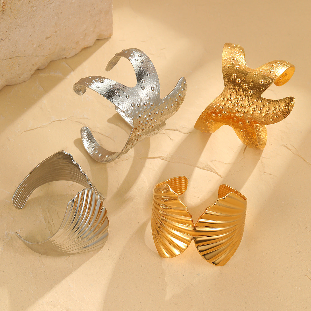Fashion 18K Gold Plated Stainless Steel Geometric Starfish Shell Wide Cuff Bracelet for Women
