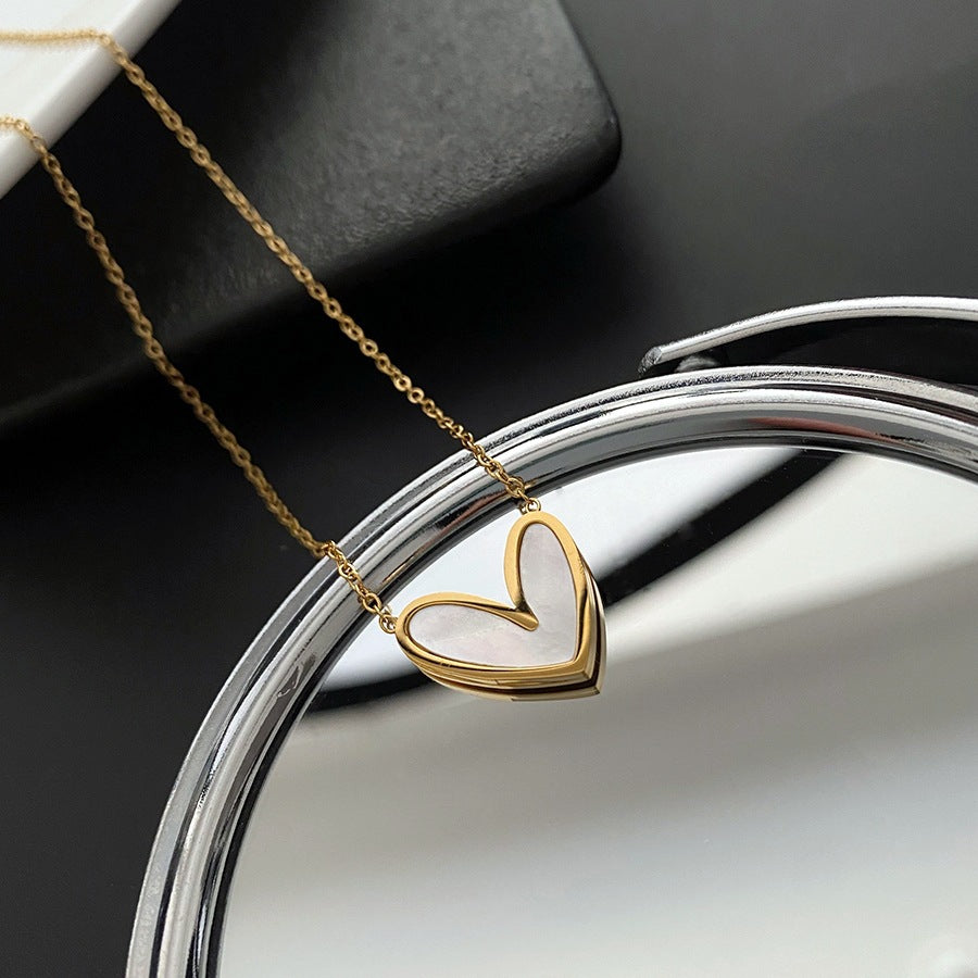Minimalist Heart-Shaped Mother-of-Pearl Pendant Necklace for Women in Titanium Steel with O-Chain and Geometric Design