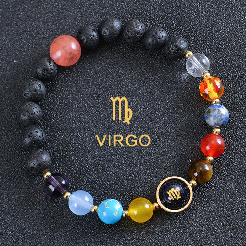 Unisex Zodiac Blue Sandstone Volcanic Stone Crystal Beaded Bracelet