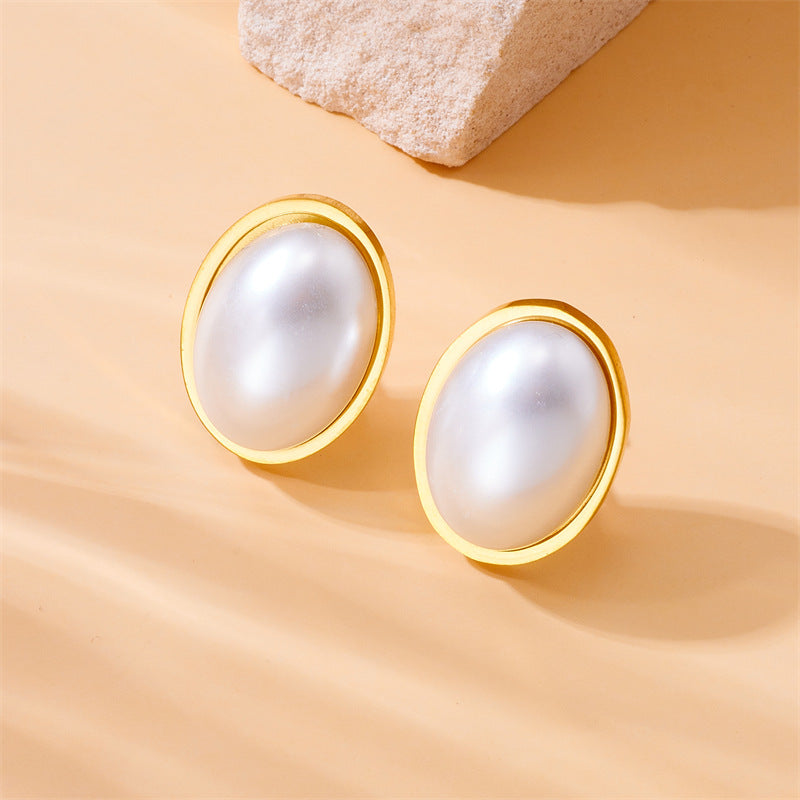 Pendientes de acero inoxidable bañados, con perlas ovaladas, de estilo geométrico, minimalistas e inspirados en lo vintage para mujer