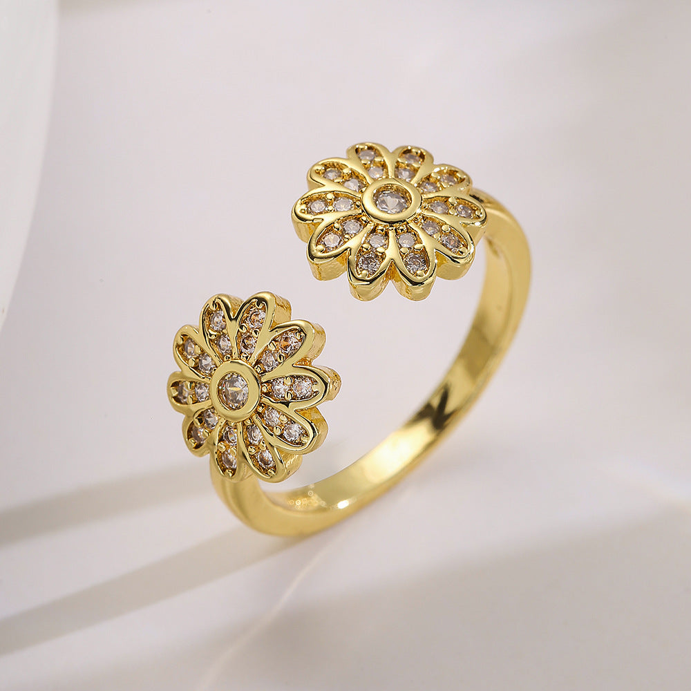 Anello aperto da donna a fiore geometrico minimalista in rame con zirconi micro-pavé