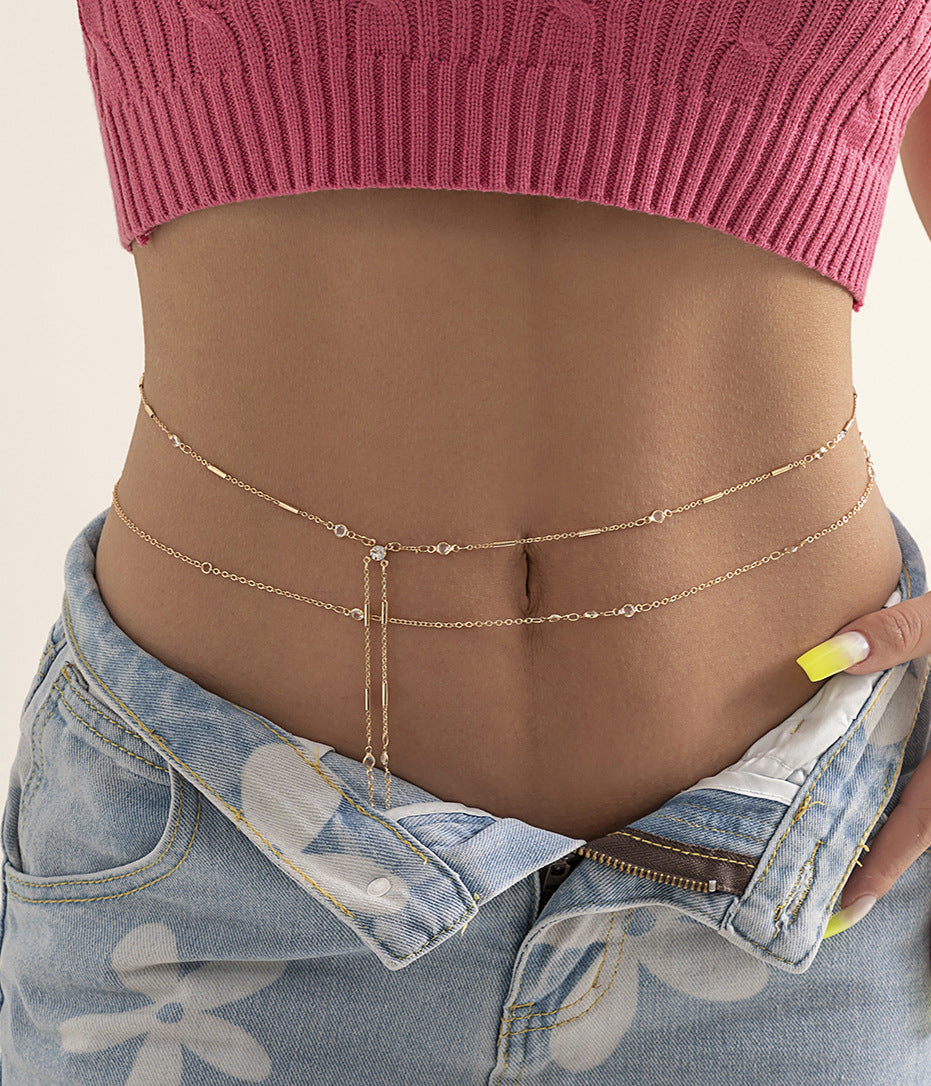 Minimalist Geometric Body Chain for Women with Metal Beaded Chain and Sequin Pendant Double-Layer Waist Chain