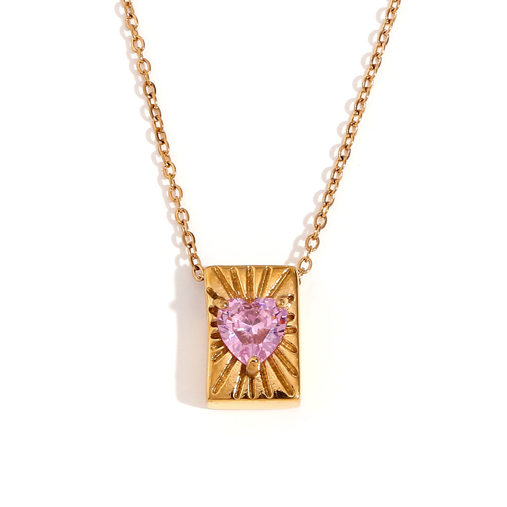 Collana con Ciondolo Quadrato Vintage da Donna in Acciaio Inossidabile con Placcatura in Oro 18K e Ciondolo a Cuore in Zirconia Cubica su Catena Standard