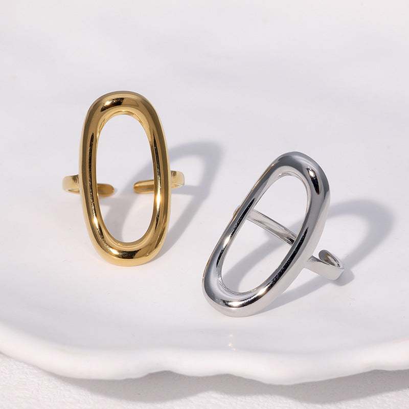 Minimalist Cold-Tone Stainless Steel Geometric Hollow Oval Gold-Plated Adjustable Ring for Women