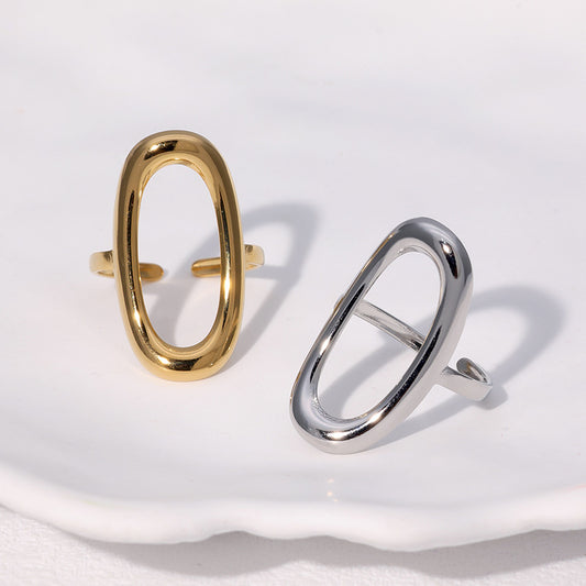 Anillo ajustable de oro chapado con óvalo geométrico hueco de acero inoxidable de tono frío minimalista para mujer