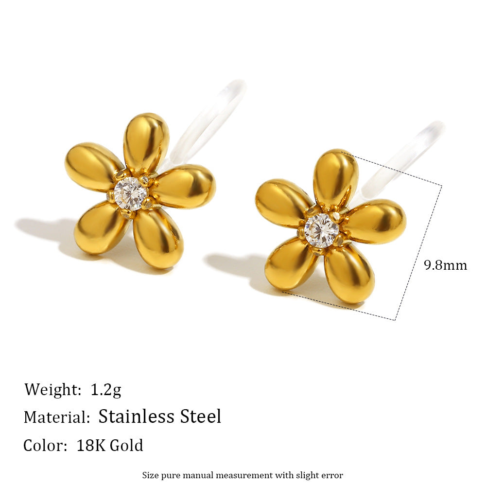 Fashionable Geometric Stainless Steel Plated 18K Gold Zircon Flower Pearl Clip-On Earrings for Women