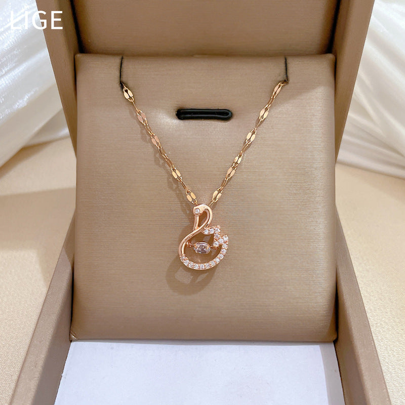 Sweet Elegant Geometric Rhinestone Inlay Titanium Steel Necklace with Brass Pendant Cable Chain for Unisex