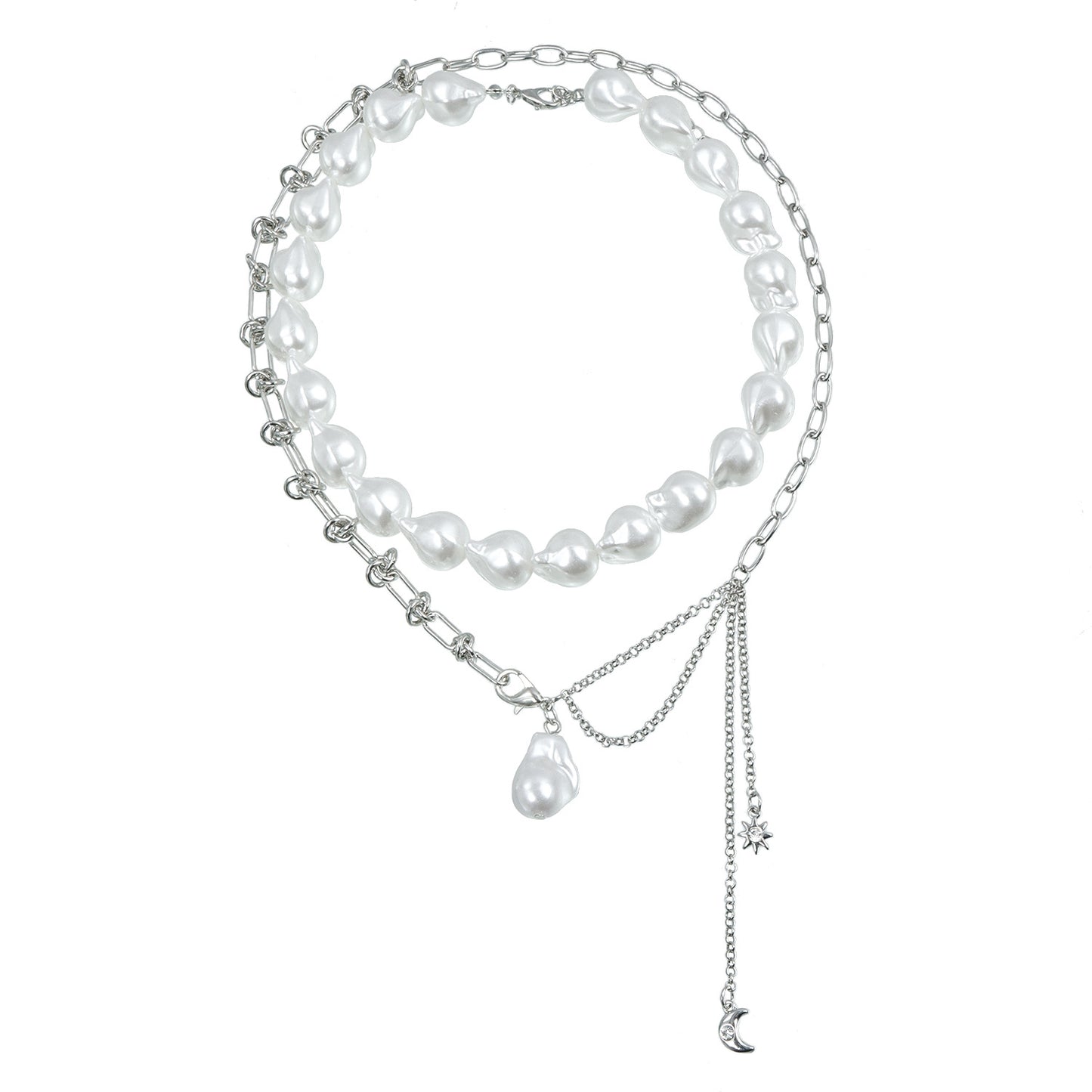 Minimalist Moon and Octagram Geometric Pendant Necklace for Women with Imitation Pearl and Alloy Charm, Electroplated Clavicle Chain