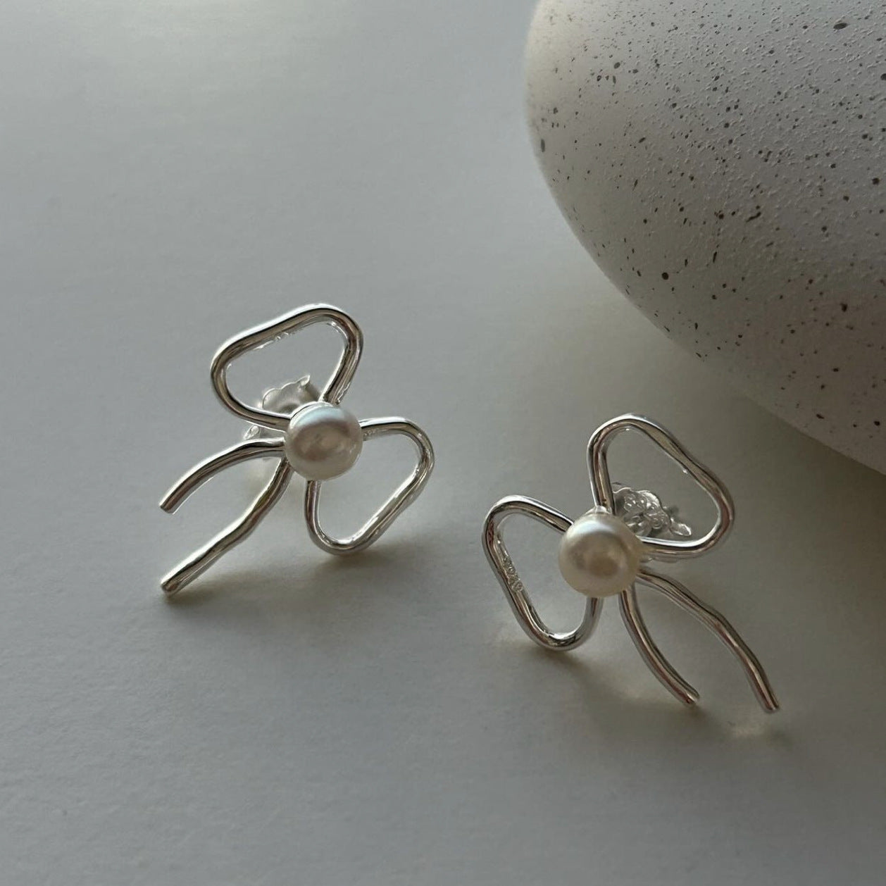 Minimalist Bowknot Pearl Stud Earrings in 925 Sterling Silver with Gold Plating