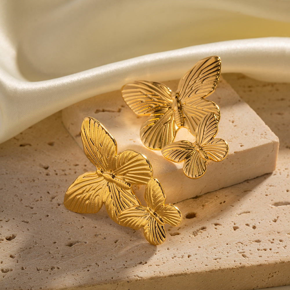 Vintage French Palace Style Matte Antique Gold Stainless Steel Butterfly Geometric Earrings