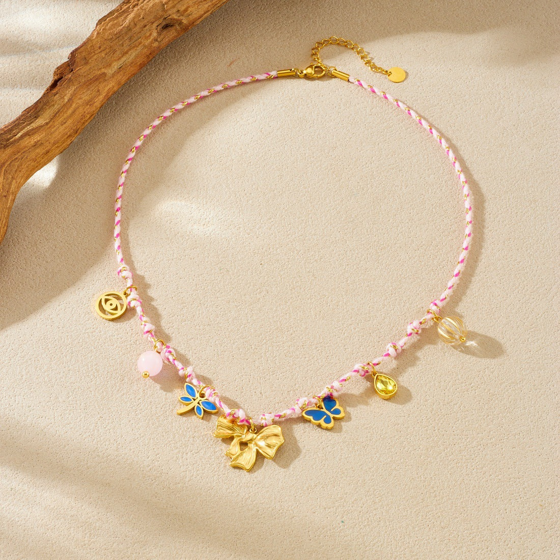 Bohemian Vintage Gold Plated Drip Oil Stainless Steel Bow and Insect Pendant Necklace for Women